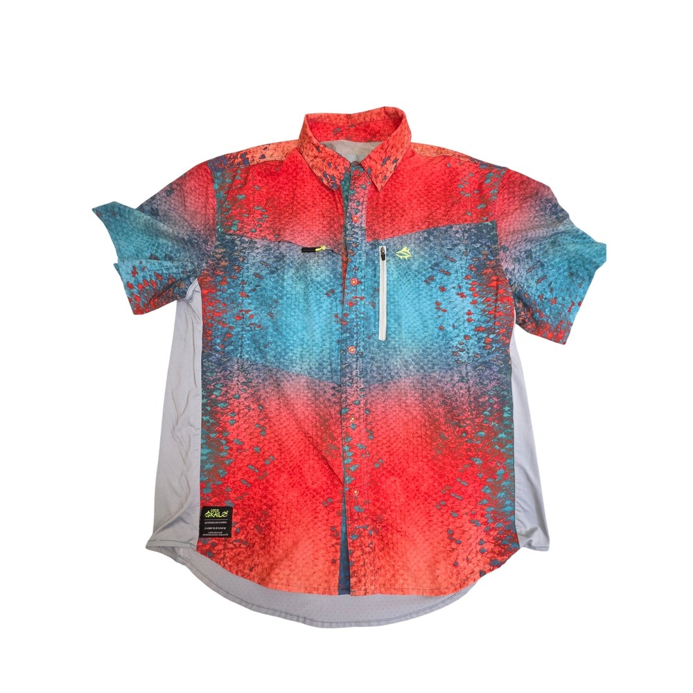 Loco Skailz Mens Fishing Shirt XL Red Teal Scale Print Mesh Back Button Down